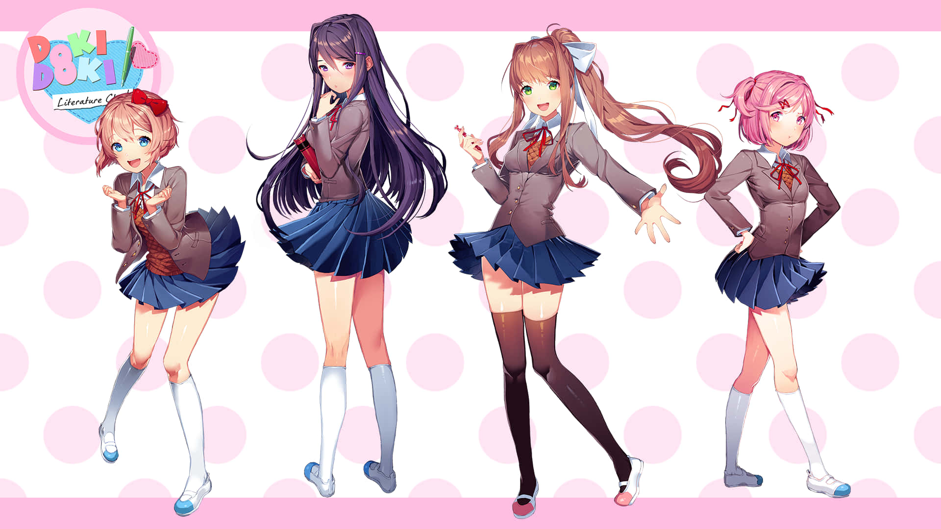 Ddlc 女孩校服可愛造型 壁紙 — 四個穿著相配校服嘅開心動畫女仔喺粉紅色圓點背景前動態擺姿勢。