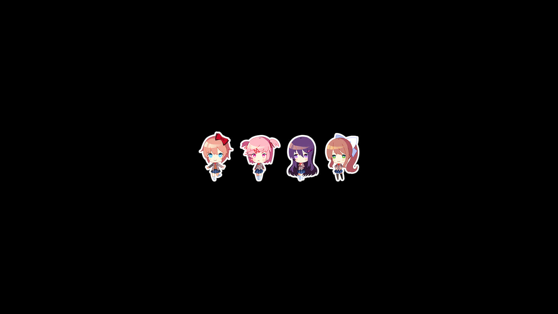 Ddlc 女孩迷你幼年版 壁紙 — 四個色彩繽紛頭髮的Q版動漫女孩，在純黑色背景前站成一排。