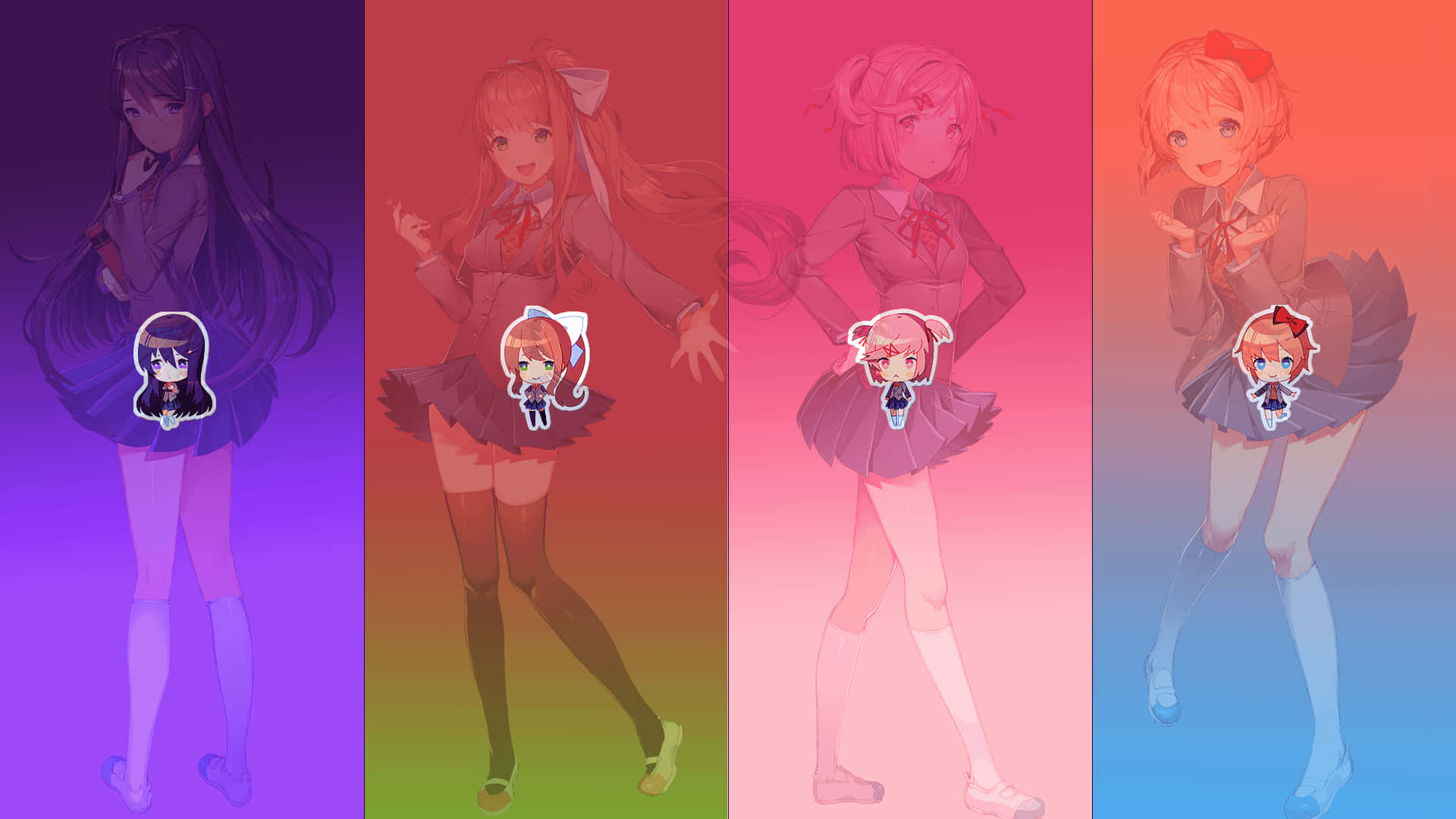 Ddlc 熱門 Windows 背景 壁紙 — 四個穿著校服的動畫女孩在鮮豔的漸變背景前擺姿勢，下方有Q版角色漂浮。