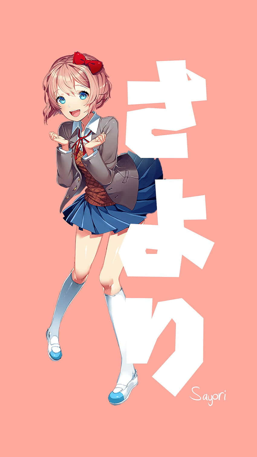動漫女學生穿著校服，在粉紅色背景上微笑，帶有日文字。