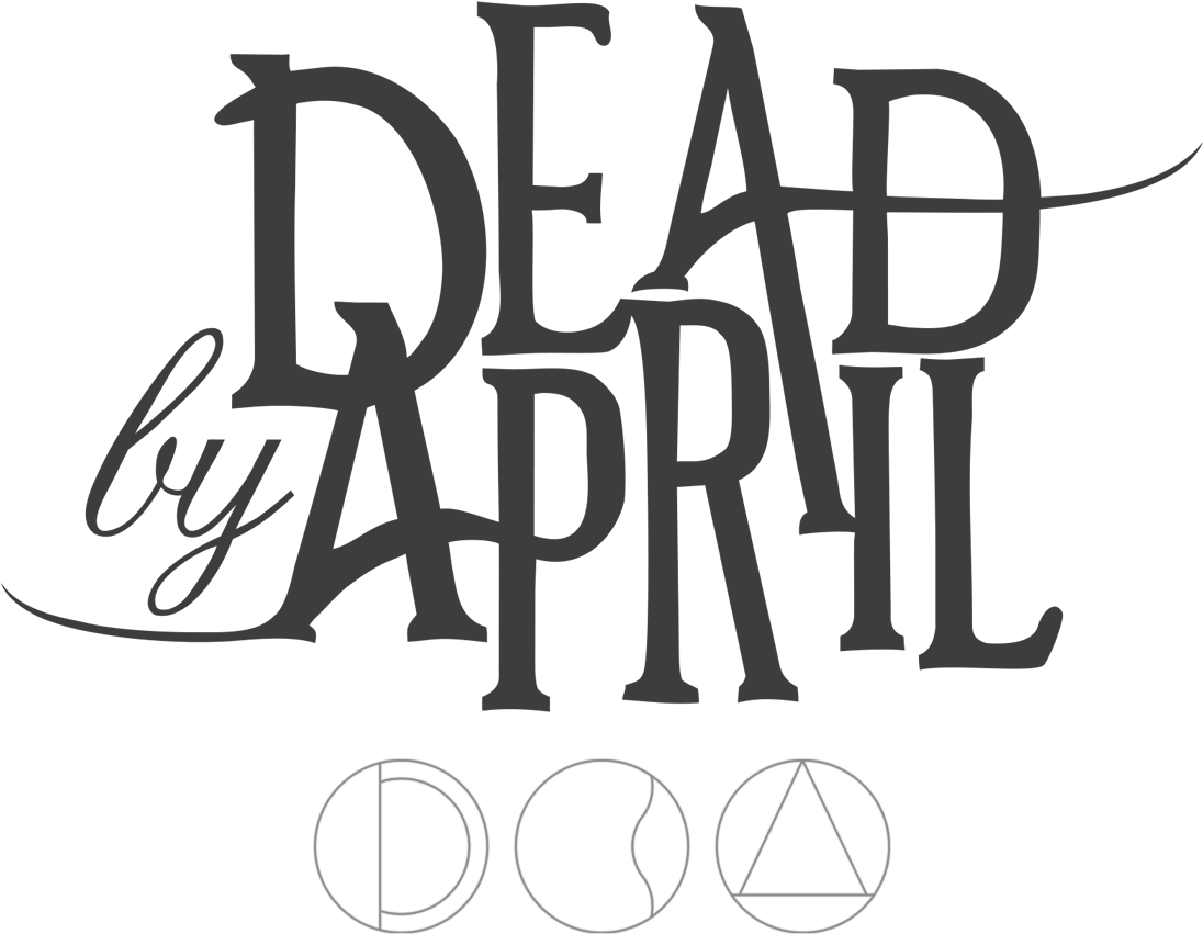 Dead by April 標誌 壁紙 — 大膽灰色風格文字寫著「DEAD by APRIL」，黑色背景，下方有三個極簡幾何符號。
