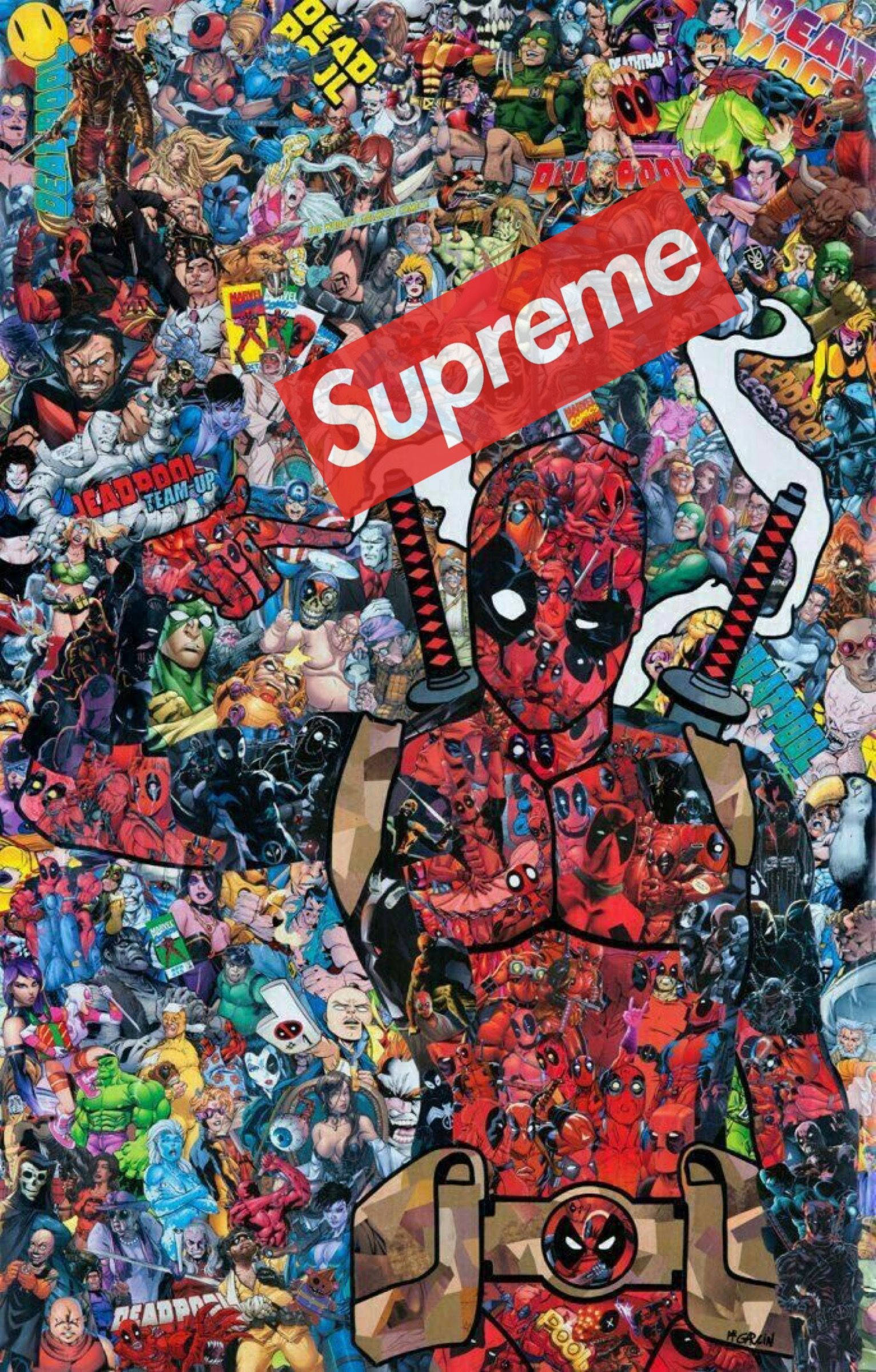 Deadpool 拼貼風格超級英雄壁紙 壁紙 — 死侍揮舞劍刃並吸煙，被漫畫角色和「Supreme」品牌的混亂拼貼包圍。