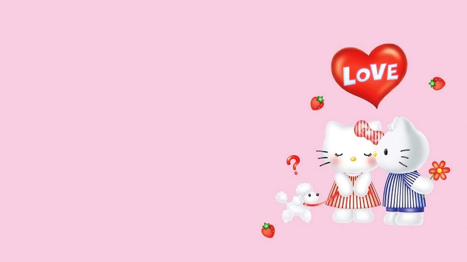兩個Hello Kitty角色與一隻貴賓犬和一個標有LOVE的心形氣球，背景為粉紅色。