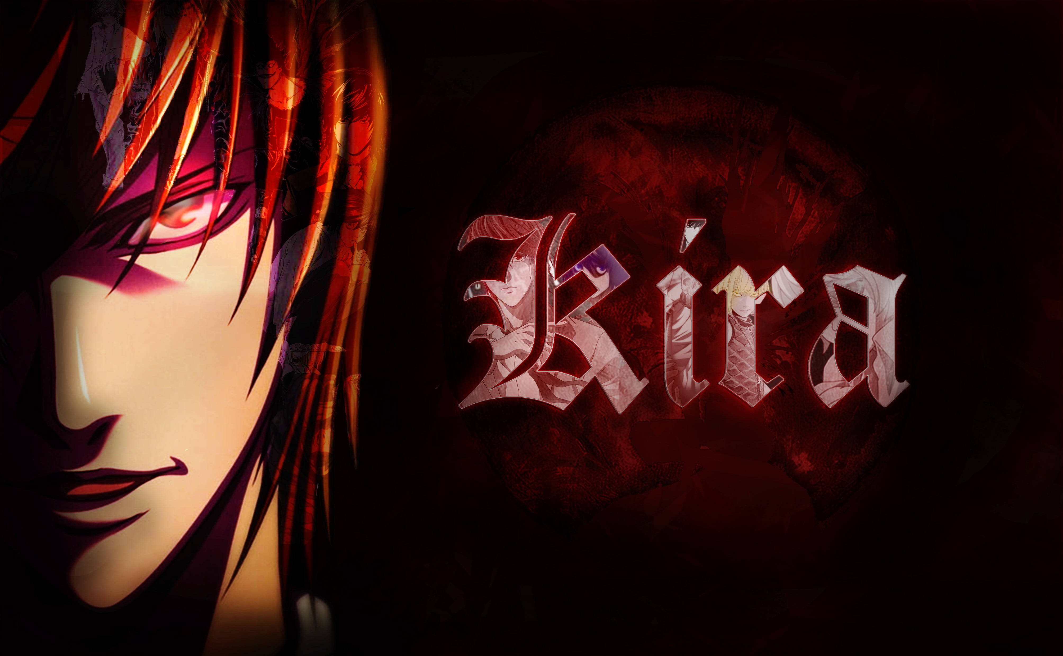 Death Note 劇中角色 Light Yagami (Kira) 壁紙 — 一個戲劇性的動漫肖像，角色擁有紅髮和發光的眼睛，背景為深紅色，並帶有華麗字體的「Kira」字樣。