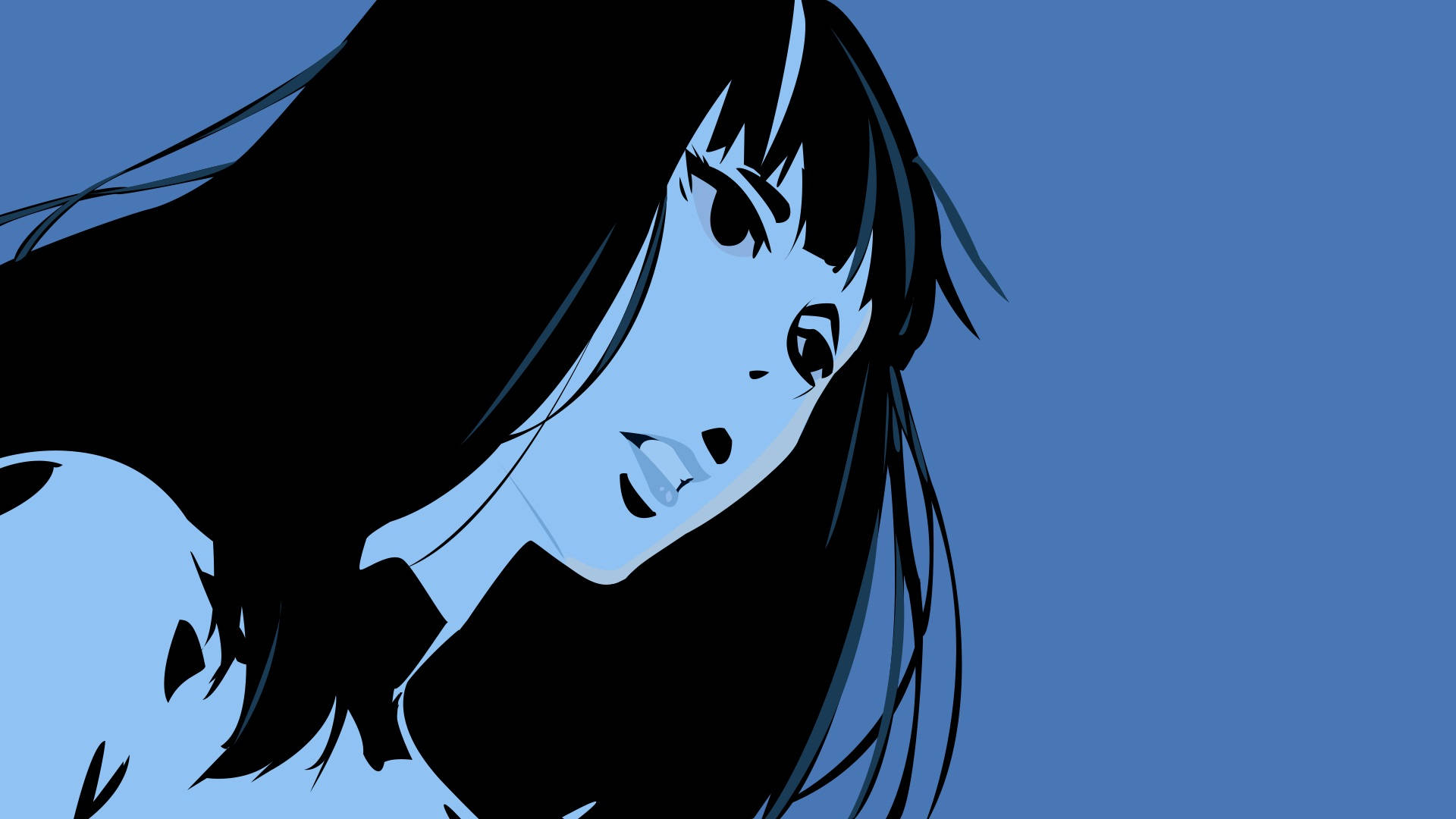 《Death Parade》Chiyuki 藍色圖像 壁紙 — 一個風格化的動漫女孩，深色頭髮和銳利的眼睛，在純藍色背景上側視。