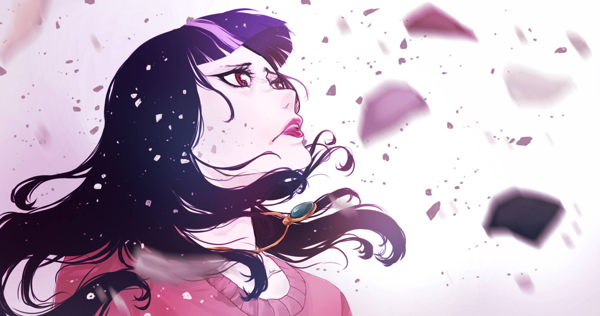 《Death Parade》Chiyuki 破碎特效藝術 壁紙 — 一個風格化的動漫女孩，深色頭髮和紅色眼睛，向上凝視，紫色花瓣和碎片在她周圍旋轉，營造出夢幻般的氛圍。