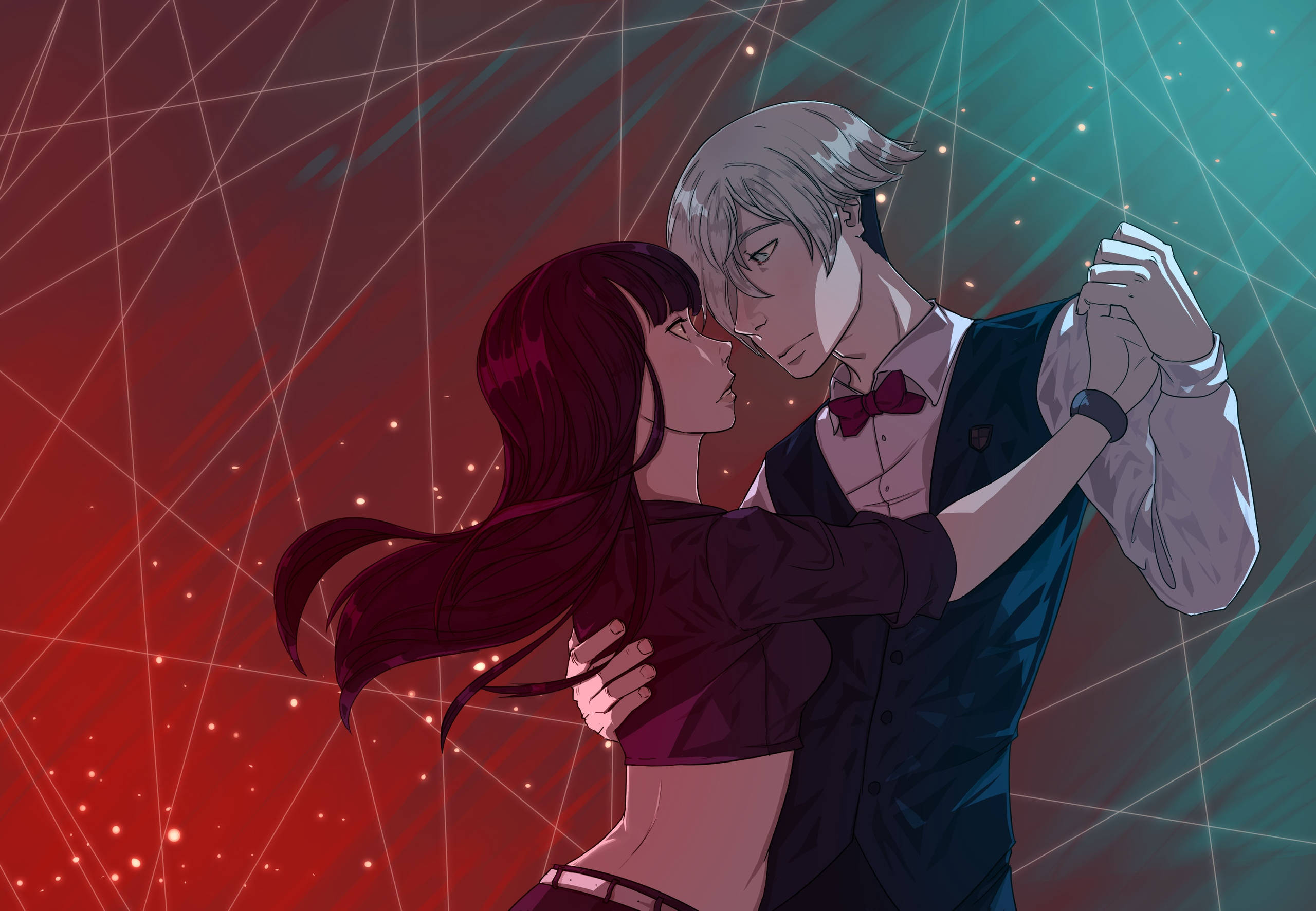《Death Parade》Chiyuki 與 Decim 情侶共舞 壁紙 — 一對情侶在充滿活力的夜店環境中，在閃爍的紅色和藍綠色激光燈光下親密地跳舞。