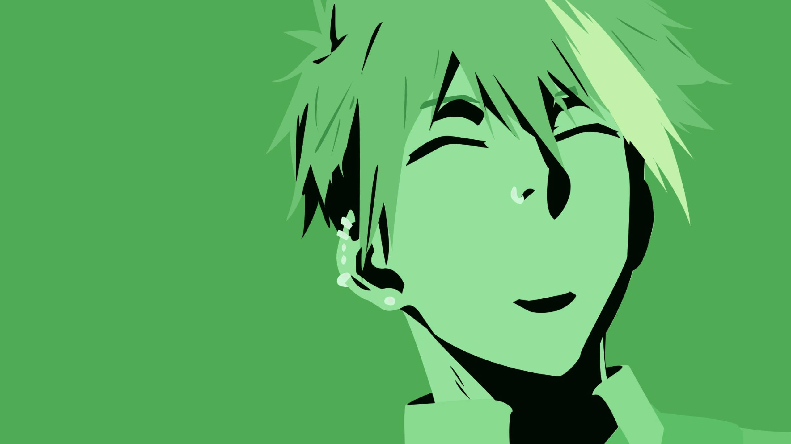 《Death Parade》Clavis 矢量藝術 壁紙 — 一個風格化的動漫角色，擁有尖刺的綠色頭髮和閉上的眼睛，在純綠色背景上溫柔地微笑。