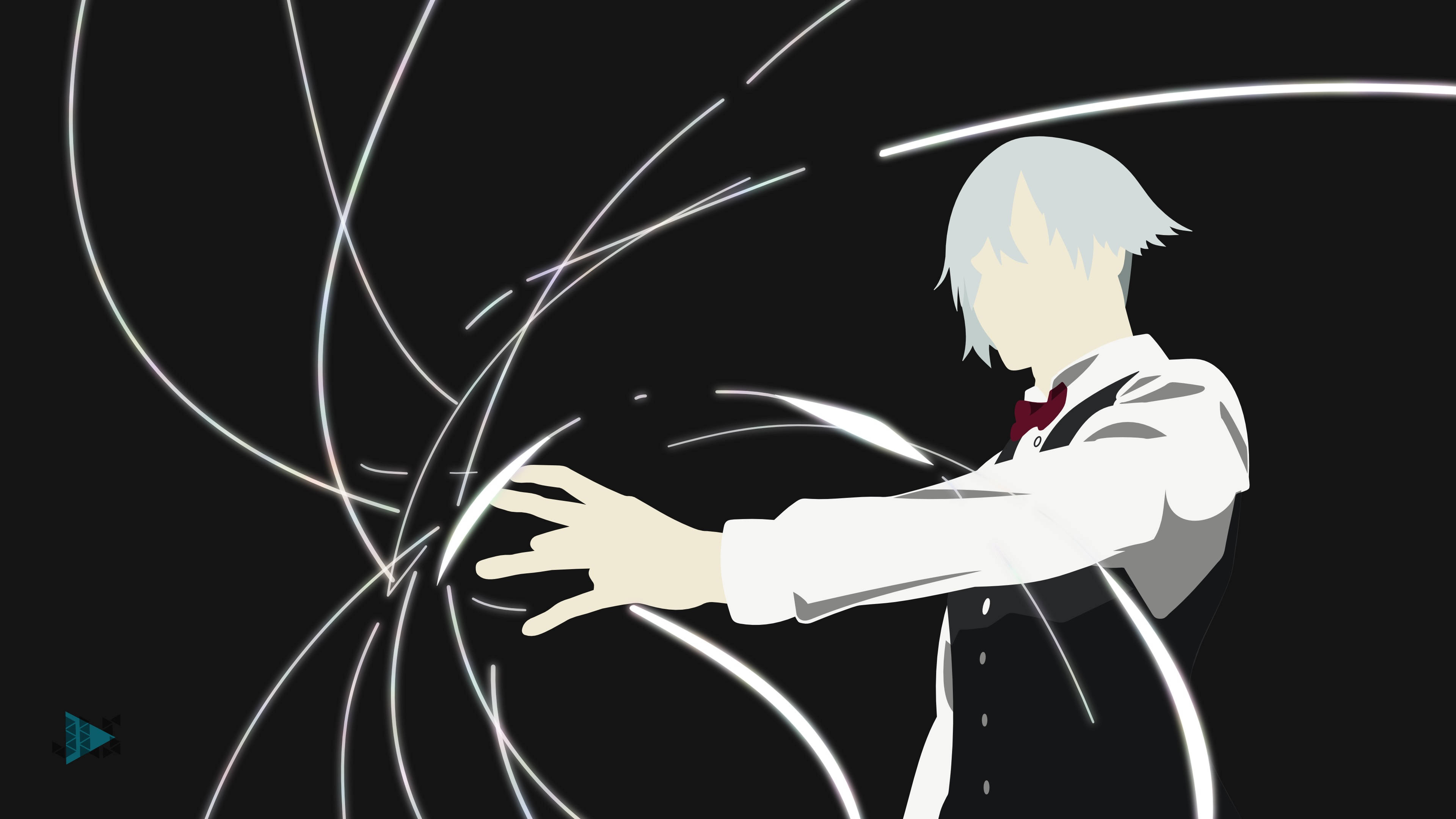 Death Parade Decim 向量藝術 壁紙 — 一個風格化的動漫角色，白色頭髮，向著黑色背景上發光的白色能量線伸出手。