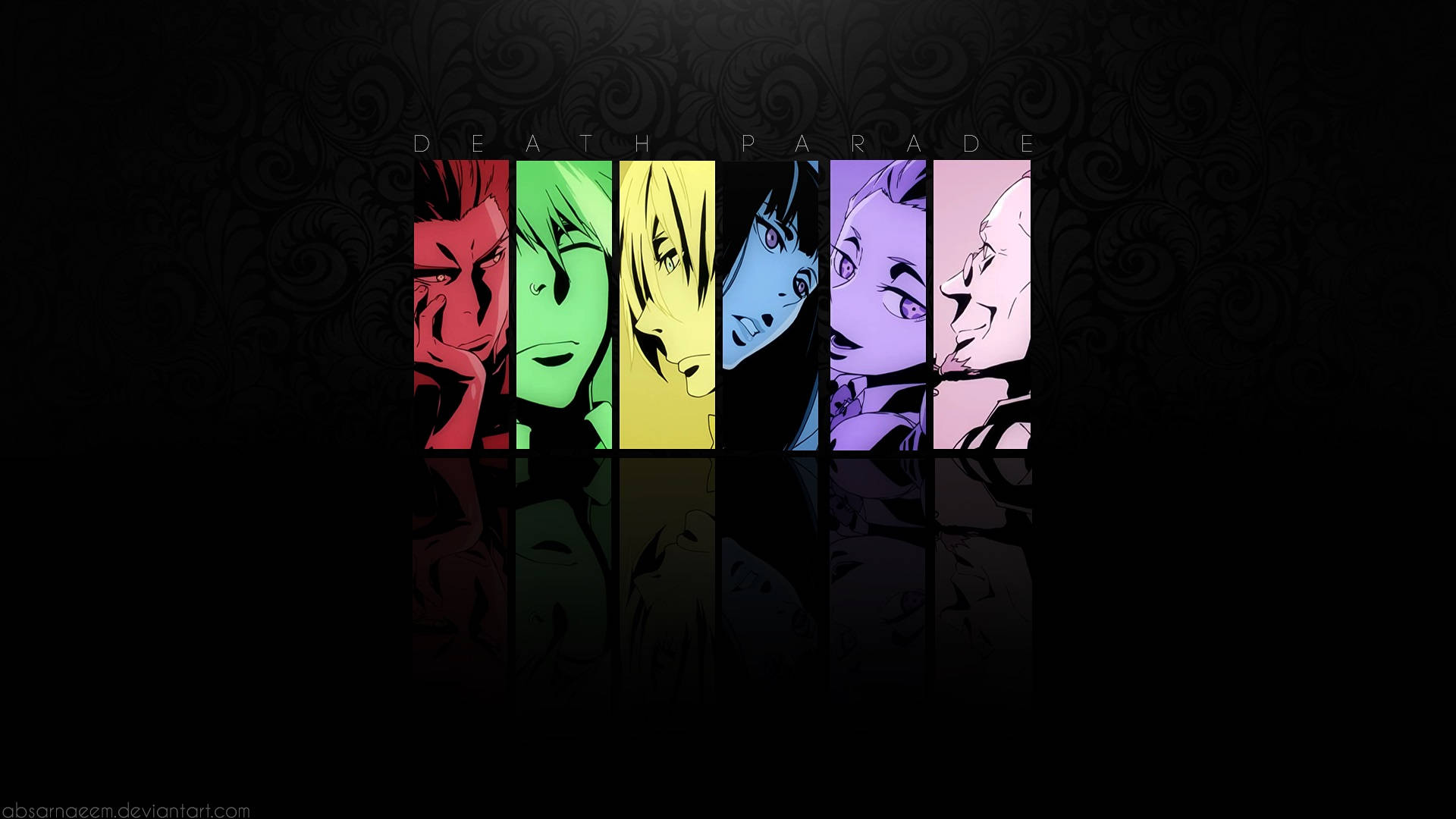 Death Parade 角色色彩 壁紙 — 五個動漫角色在彩色垂直面板中，背景為深色華麗並帶有下方倒影。