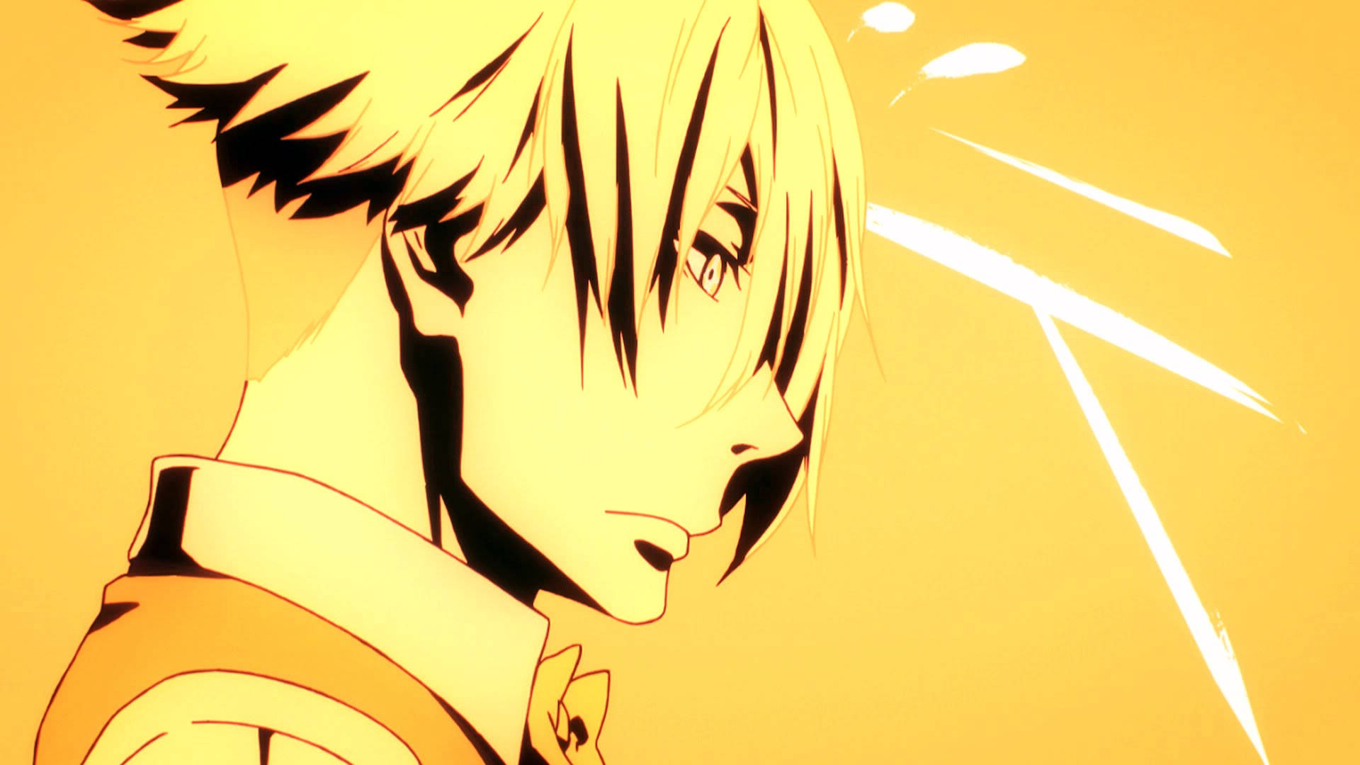 Death Parade 黃色Decim 壁紙 — 擁有尖刺金髮和銳利眼神的動漫角色，背景是帶有動感線條的發光黃色。