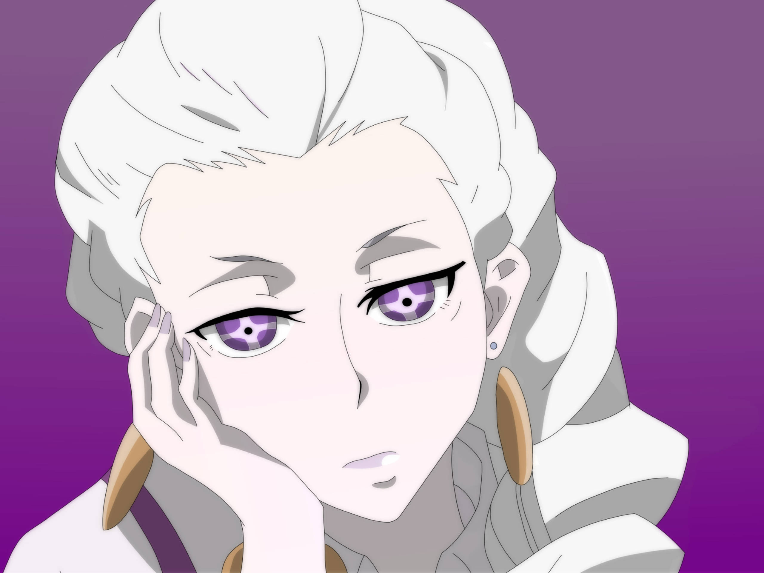 《Death Parade》Nona 白色藝術 壁紙 — 一個動漫特寫肖像，一位白髮紫眼的女人，在紫色漸變背景上將下巴擱在手上。