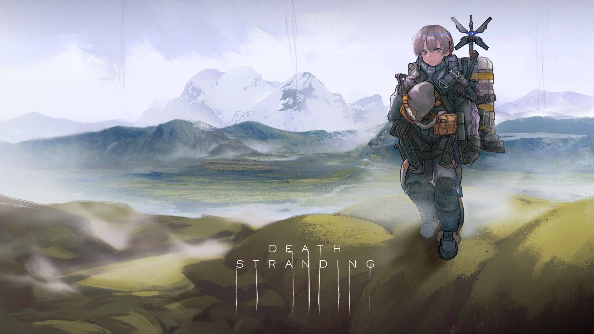 死亡搁浅 1920x1080 動畫版 壁紙 — 一個孤獨的裝甲人物，背著背包和武器，在多雲的天空下走過霧氣瀰漫的山地。