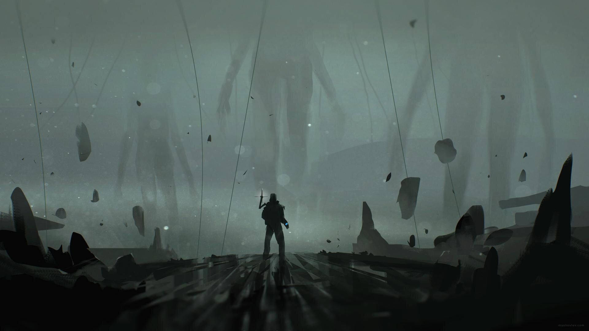 Death Stranding 1920x1080 桌布 壁紙 — 一個孤獨的戰士站在破碎的道路上，面對迷霧荒涼景觀中的巨大陰影人物。