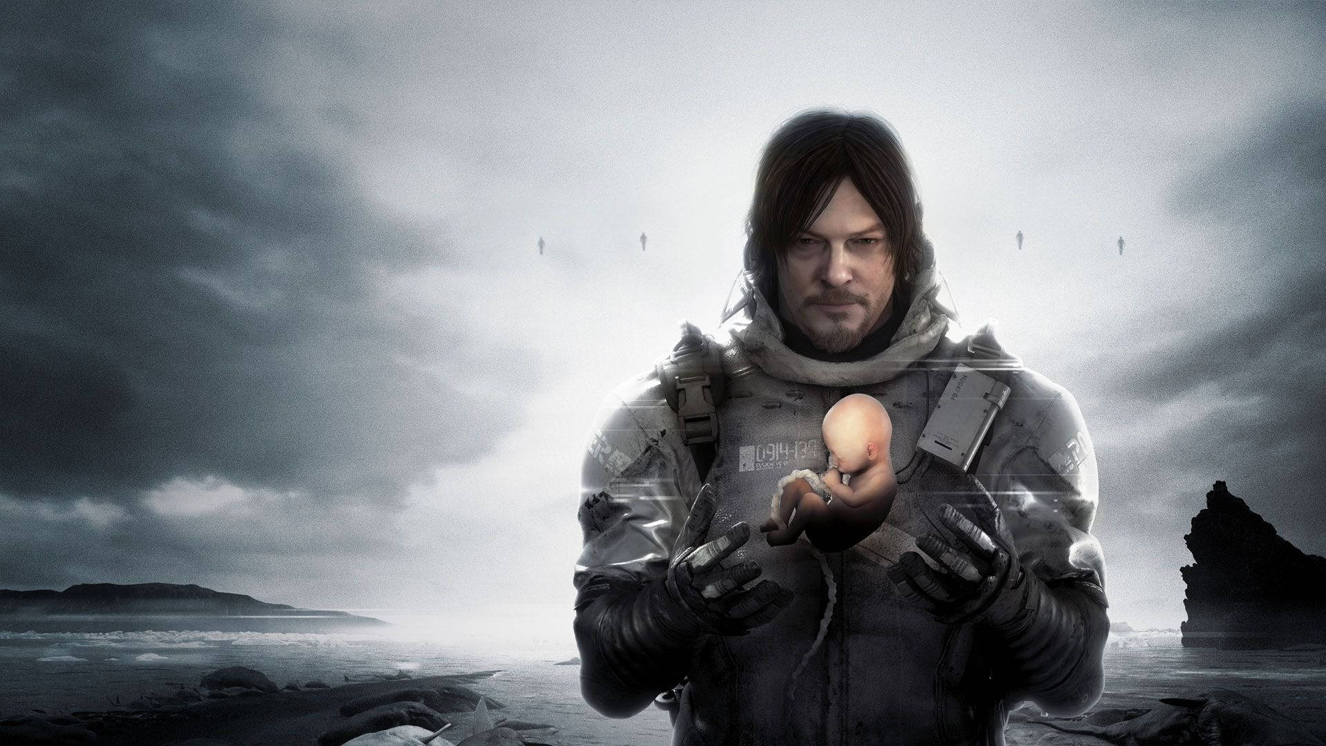 肖像 桌布 壁紙 — 一個穿著破舊夾克的男人在風暴海岸背景下拿著一個發光的球體，天空中有遠處的人影。