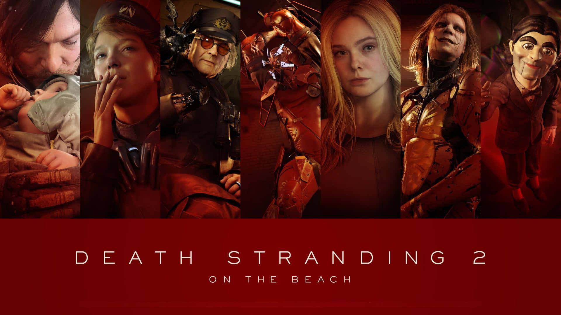  壁紙 — 《Death Stranding 2 On The Beach》中七個不同角色的電影感拼貼，每個角色都框在垂直面板中，上方有醒目的紅色橫幅。
