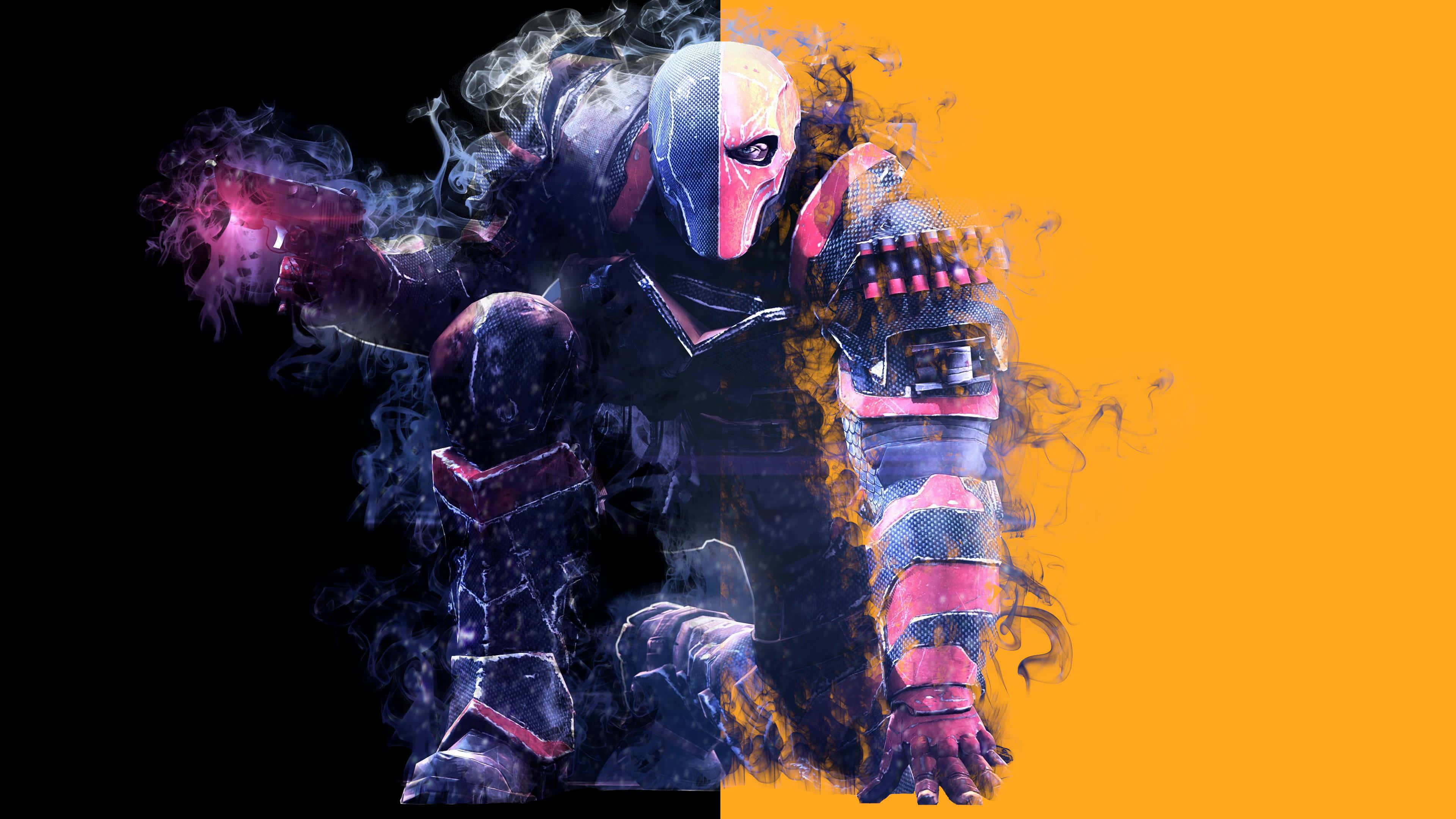 Deathstroke 行動中 壁紙 — 一個分屏超級英雄人物，半身處於黑煙中，半身處於火橙色中，背景為鮮明的黑色和橙色。