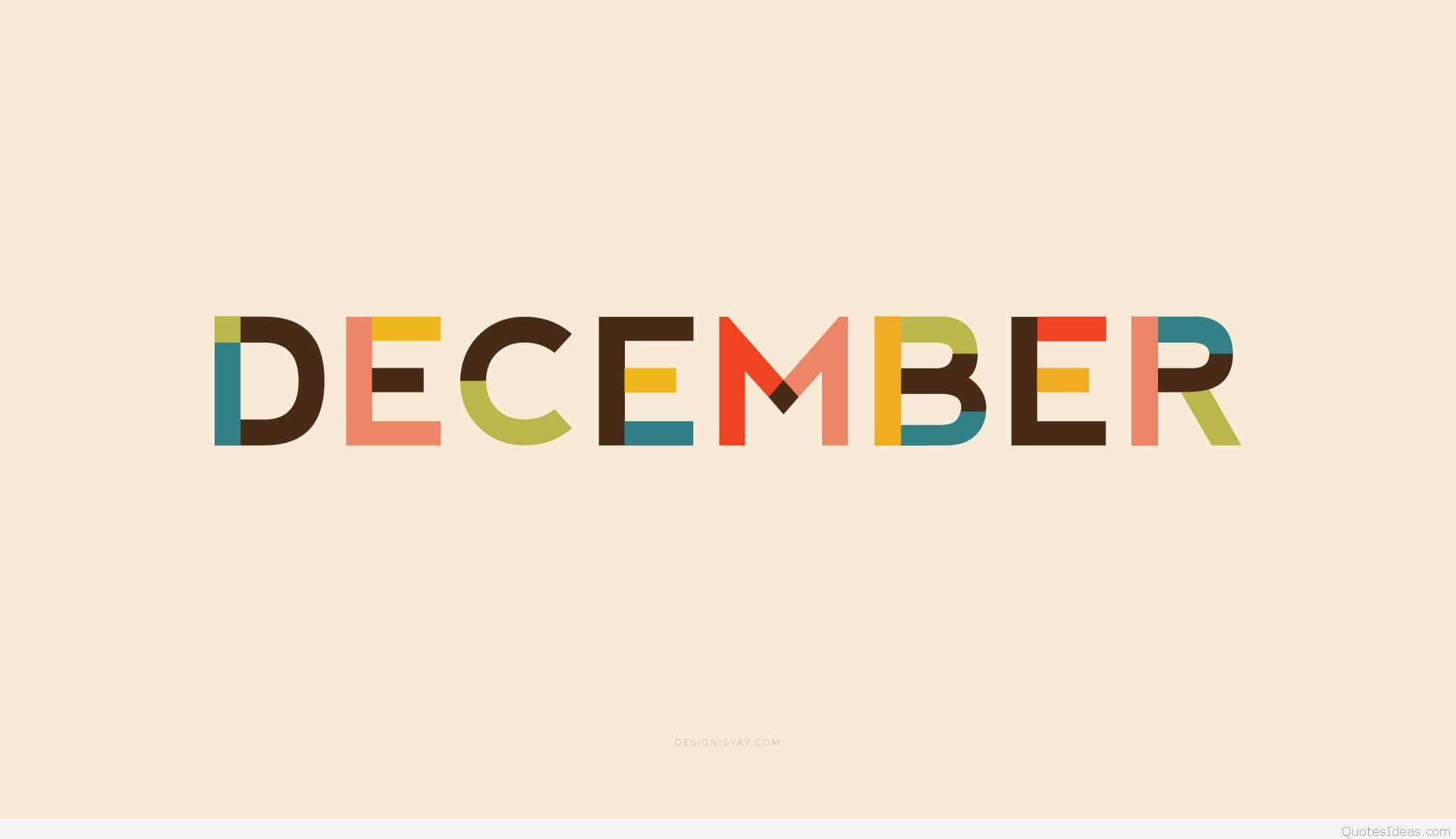 十二月 桌布 壁紙 — 「December」一詞以粗體彩色字母拼寫在柔和的米色背景上。