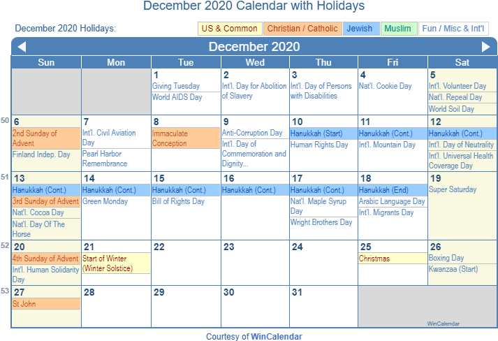 December2020 Holiday Calendar 壁紙 — 色彩繽紛的2020年12月日曆，顯示節日，藍色標題和各種儲存格背景。