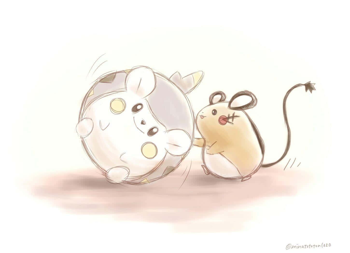 Dedenne 推 Togedemaru 的可愛插畫 壁紙 — 兩隻可愛嘅卡通老鼠，一隻圓碌碌，一隻肥嘟嘟，喺柔軟嘅米色表面上 playful 咁撞埋一齊。