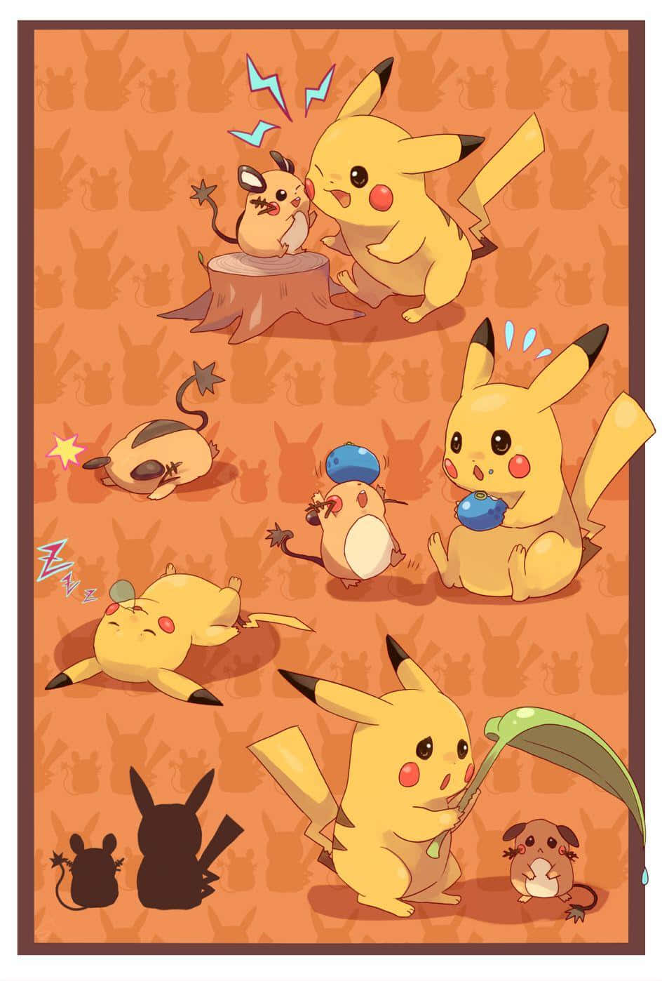 Dedenne 與 Pikachu 橙色藝術 壁紙 — 一幅有趣的插圖，描繪了比卡超和其他寶可夢在帶有比卡超剪影的橙色背景前擺出各種可愛又傻氣的姿勢。