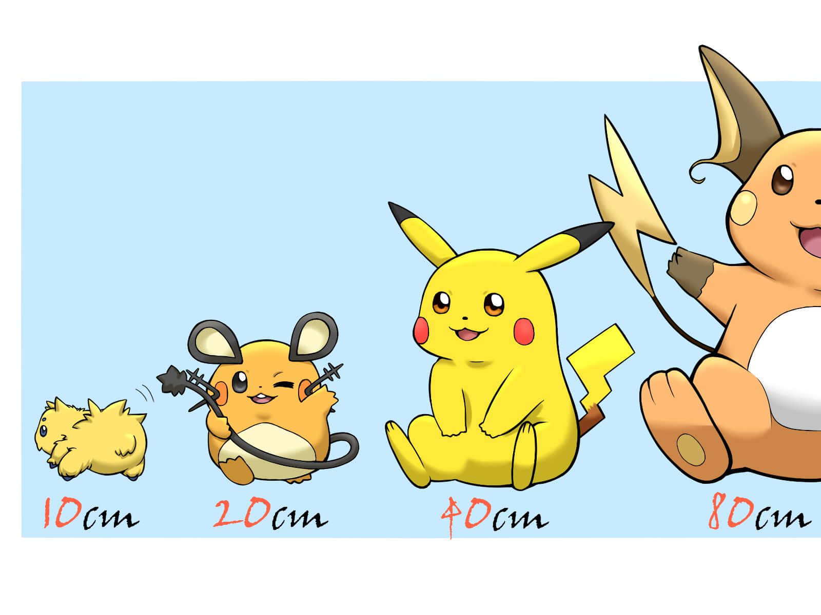 Dedenne 與其他寶可夢身高比較 壁紙 — 四個可愛嘅寵物小精靈角色喺淺藍色背景上由10厘米成長到80厘米。