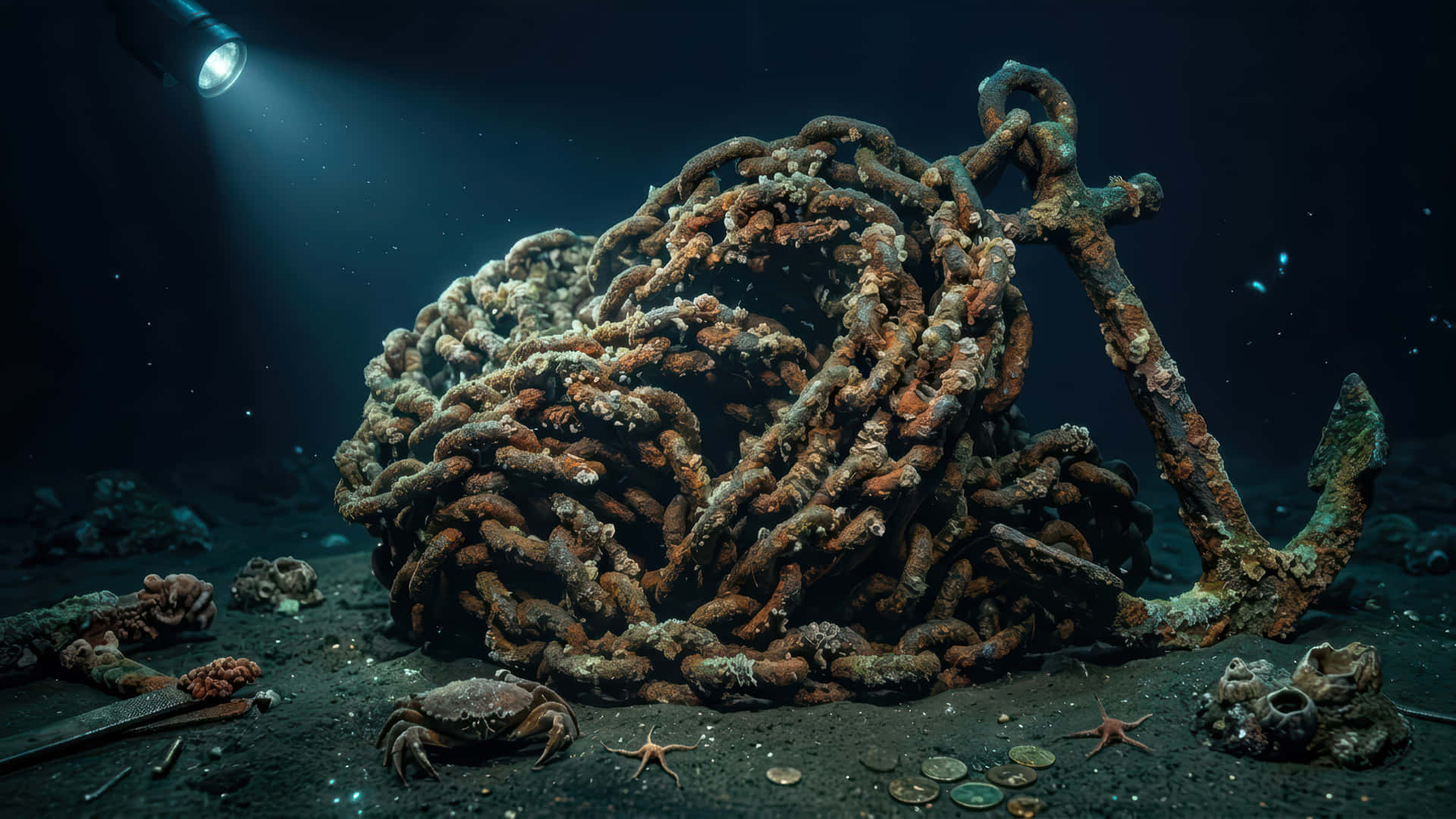 海底生鏽的錨和鏈條，有螃蟹、海星和硬幣在聚光燈下