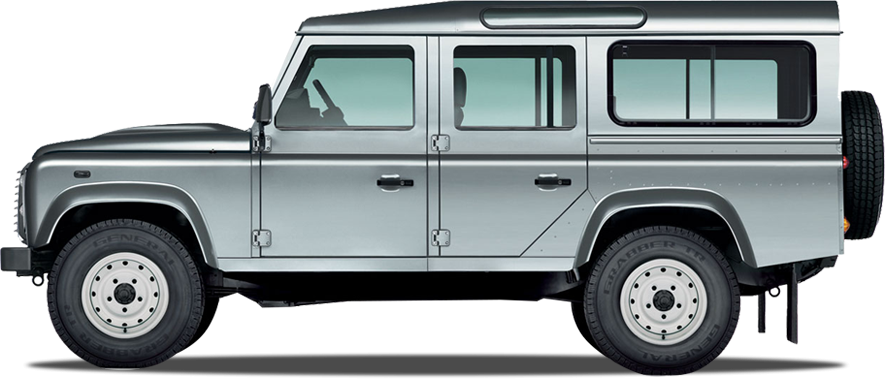 銀色路虎Defender 側面視圖 壁紙 — 時尚的銀色 Land Rover Defender 在乾淨的白色背景上以側面輪廓展示，帶有微妙的陰影。