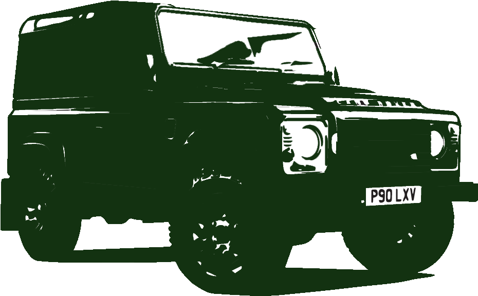 路虎Defender剪影 壁紙 — 一輛大膽的綠色復古 Land Rover Defender 剪影，帶有白色亮點，在純黑色背景上脫穎而出。