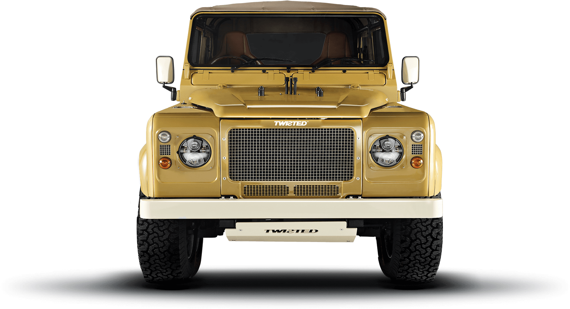 客製化黃色路虎Defender 前視圖 壁紙 — 金色Twisted Land Rover Defender在黑暗工作室平台上以戲劇性燈光呈現的前視圖。