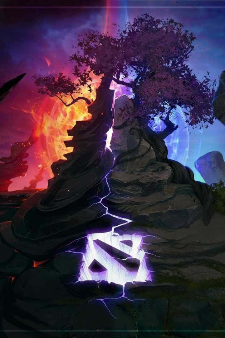 裂開岩石上的神秘樹木，背後有閃電和熔岩發光。