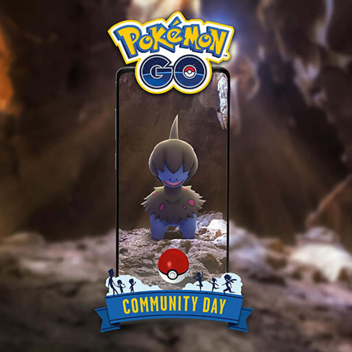 Deino 社區日 壁紙 — 一部智能手機在岩石洞穴場景中顯示 Pokémon GO 社群日活動， featuring 寶可夢 Grimmsnarl。