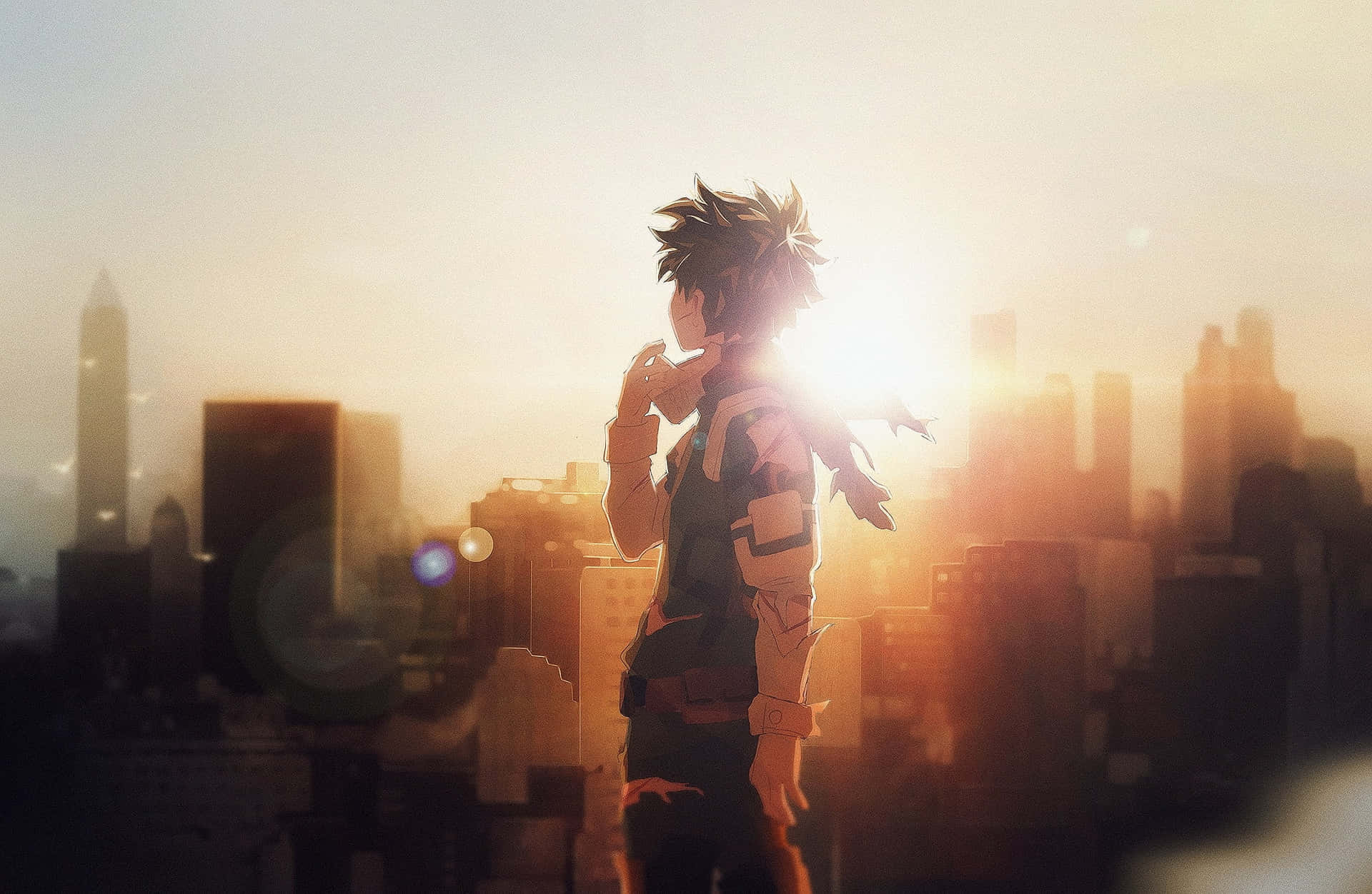Deku During Sunrise Picture 壁紙 — 一個刺蝟頭髮的動漫男孩在朦朧的城市天際線上，以發光的日落為背景形成剪影。