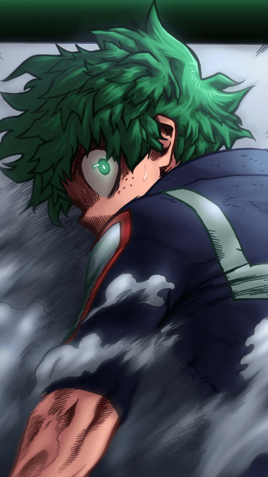 《我的英雄學院》Deku 驚訝躺姿手機壁紙 壁紙 — 一位決心堅定的動漫英雄，擁有尖刺般的綠色頭髮和發光的眼睛，以動態的動作姿勢穿過旋轉的煙霧。