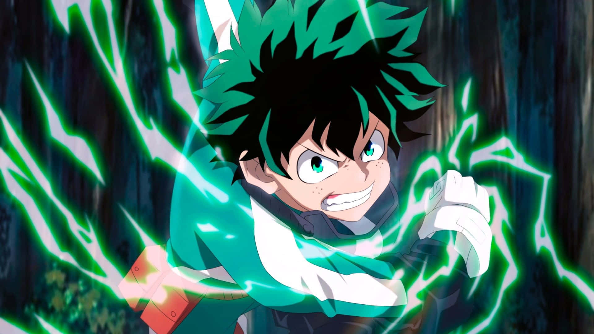 Deku 使用超能力的畫面 壁紙 — 一個堅定的動漫英雄，擁有尖刺的綠色頭髮，在黑暗的森林環境中引導發光的綠色能量。