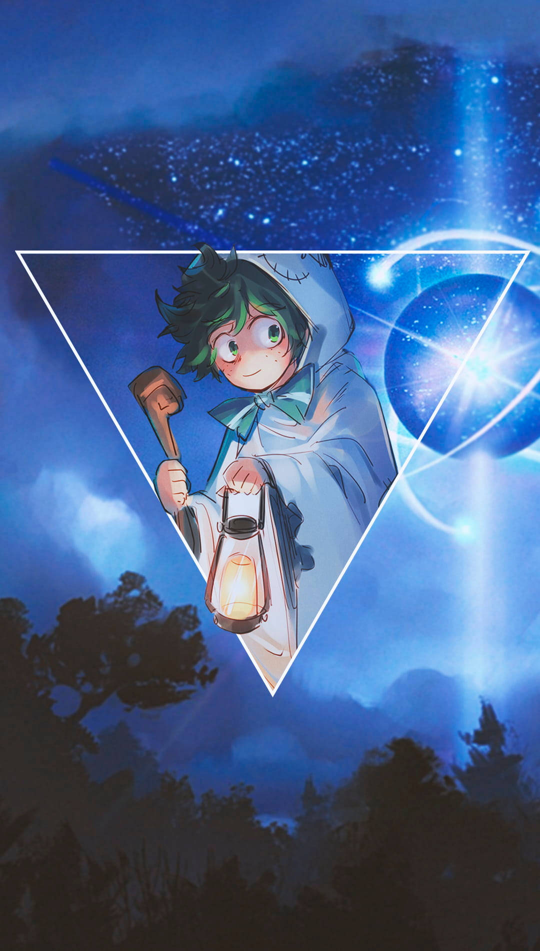 動漫男孩在星空夜空下，三角形框架內手持燈籠和錘子。