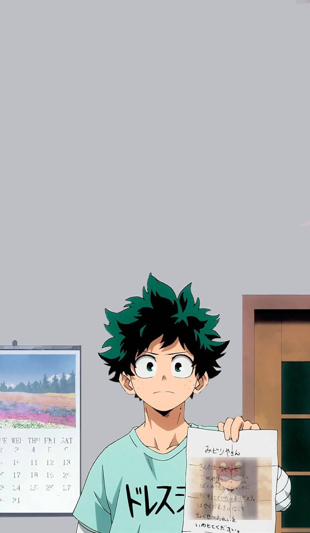 Deku 壁紙 Izuku 綠色 壁紙 — 一個年輕的動漫男孩，有著尖刺的綠色頭髮，在一個顯示花田的日曆前拿著一張便條。