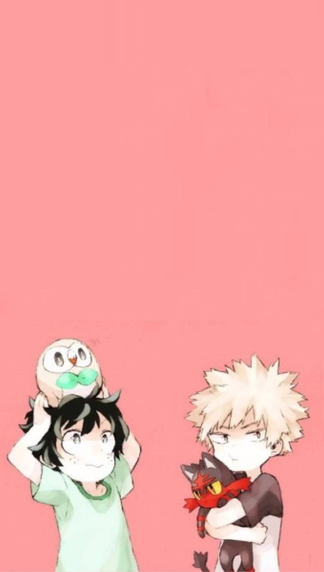Deku 壁紙 Katsuki 漫畫系列 壁紙 — 兩個動漫角色在純粉紅色背景上微笑，一個抱著鳥，另一個抱著貓。