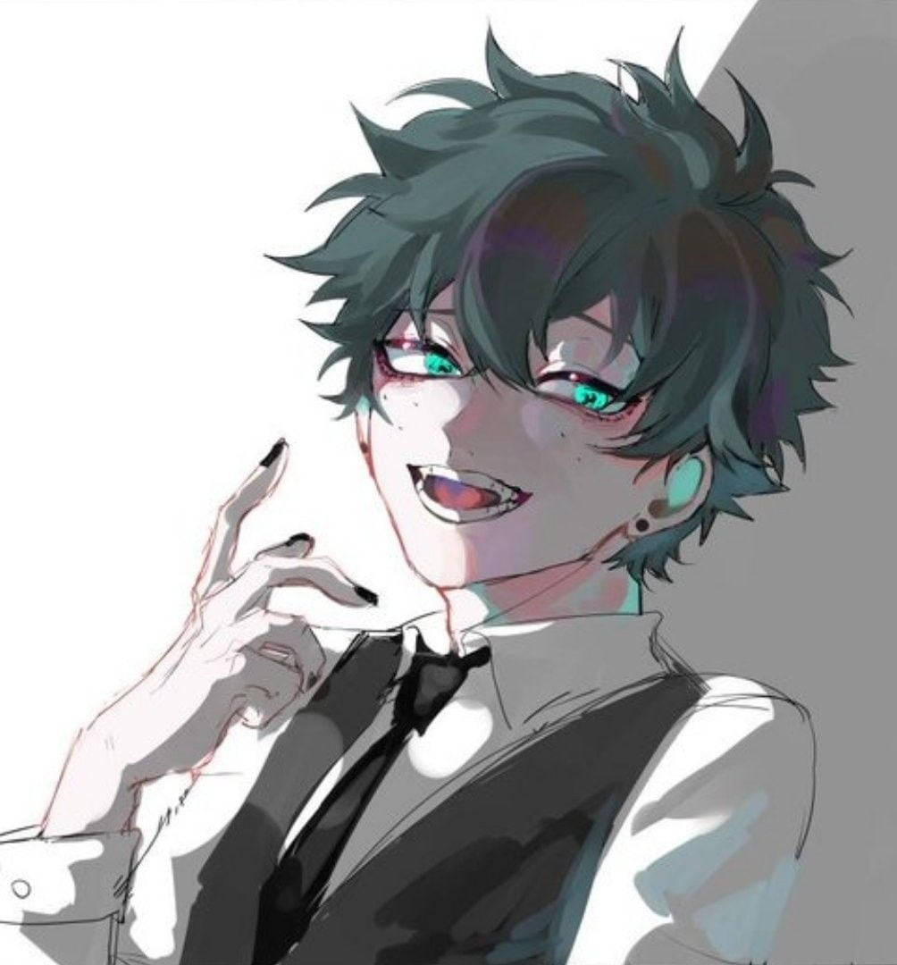 Deku 壁紙可愛反派 壁紙 — 一個風格化的動漫角色，擁有尖刺的青色頭髮和發光的綠色眼睛，調皮地微笑著觸摸自己的臉。