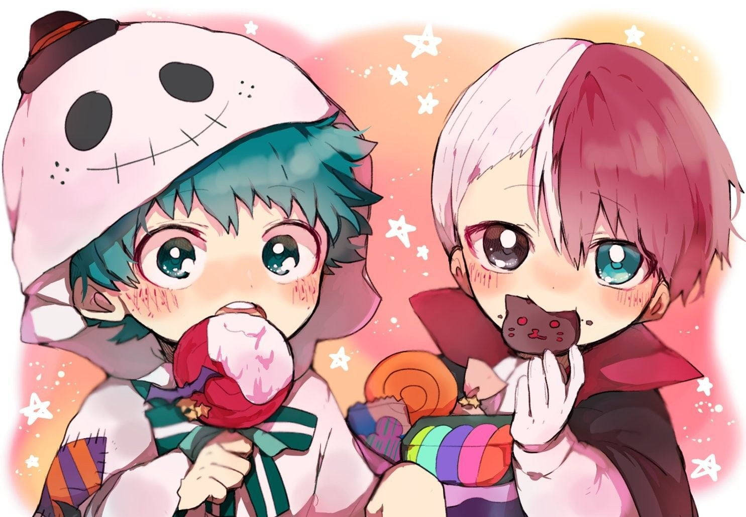 Deku 壁紙與 Todoroki 壁紙 — 兩個大眼睛的Q版動漫角色在閃爍的星空背景下享受色彩繽紛的糖果。