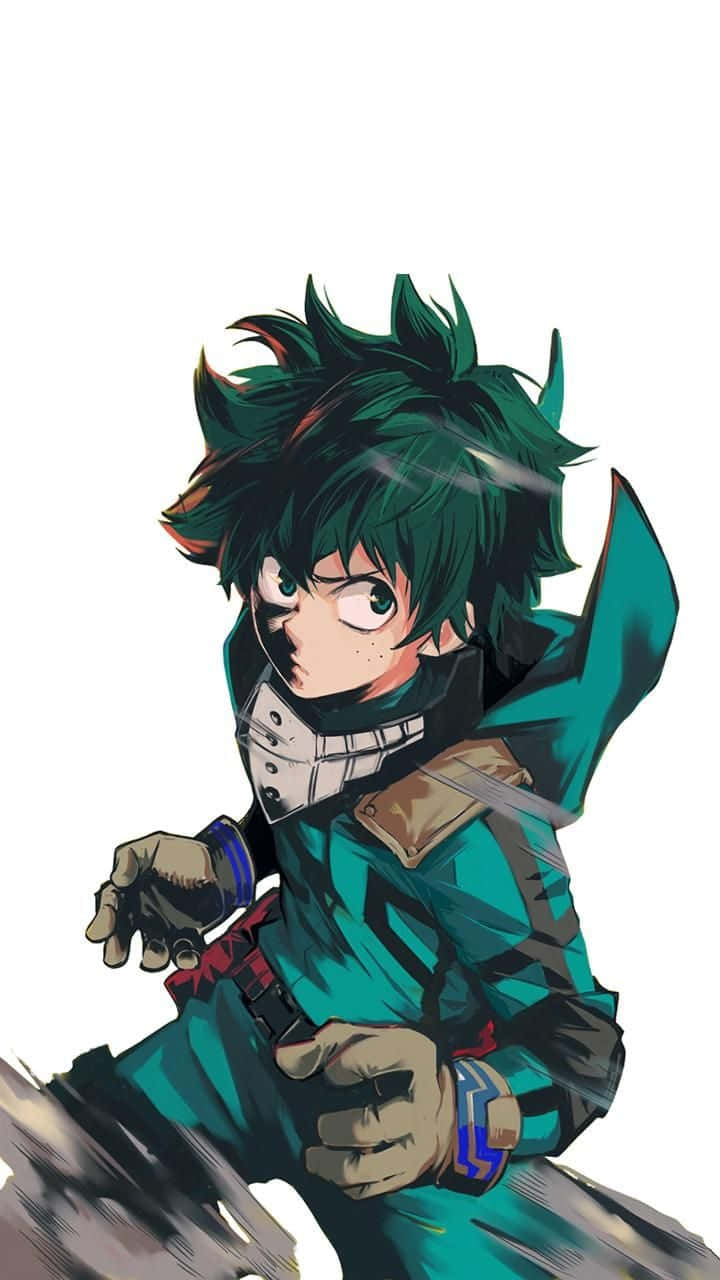 Deku ——《我的英雄學院》 壁紙 — 一位決心堅定的動漫英雄，擁有尖刺的綠色頭髮和青綠色西裝，在純白色背景前以半蹲姿勢蓄勢待發。