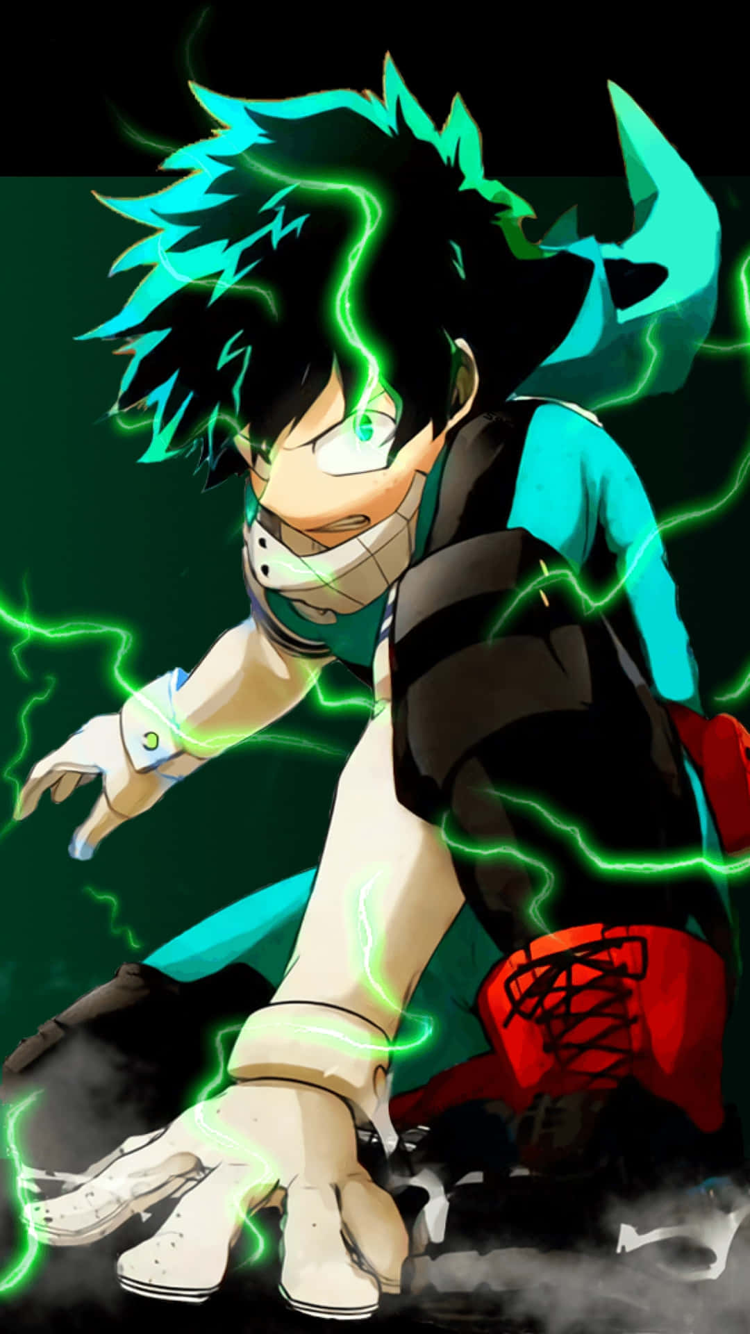Deku《我的英雄學院》動畫 One For All 全裝甲模式 壁紙 — 一個充滿動感的動漫角色，有著尖刺的黑髮和發光的綠色閃電在他周圍劈啪作響，他以強力的姿勢向前衝刺。