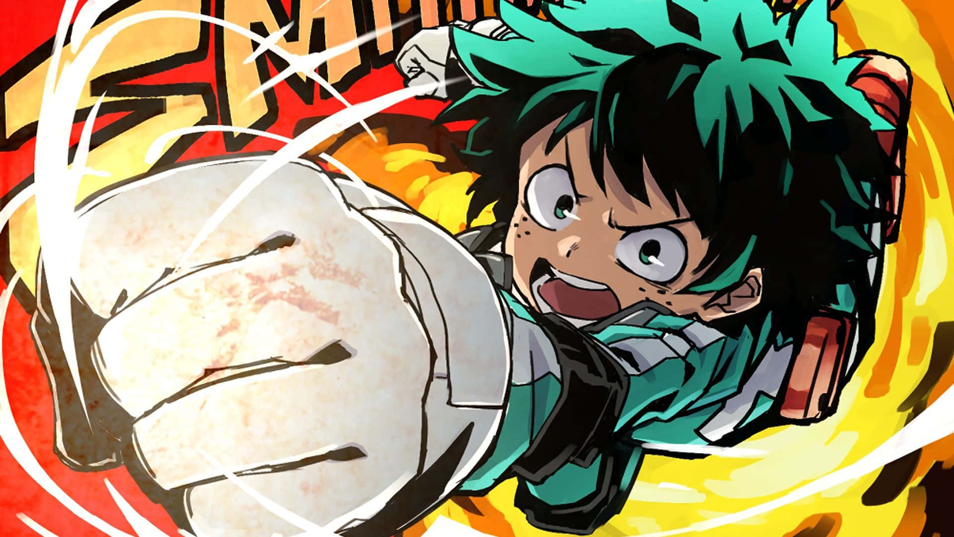 Deku《我的英雄學院》動畫底特律重擊 壁紙 — 一個充滿動感的動漫角色，綠髮，在熾熱背景下以強烈表情向前出拳。