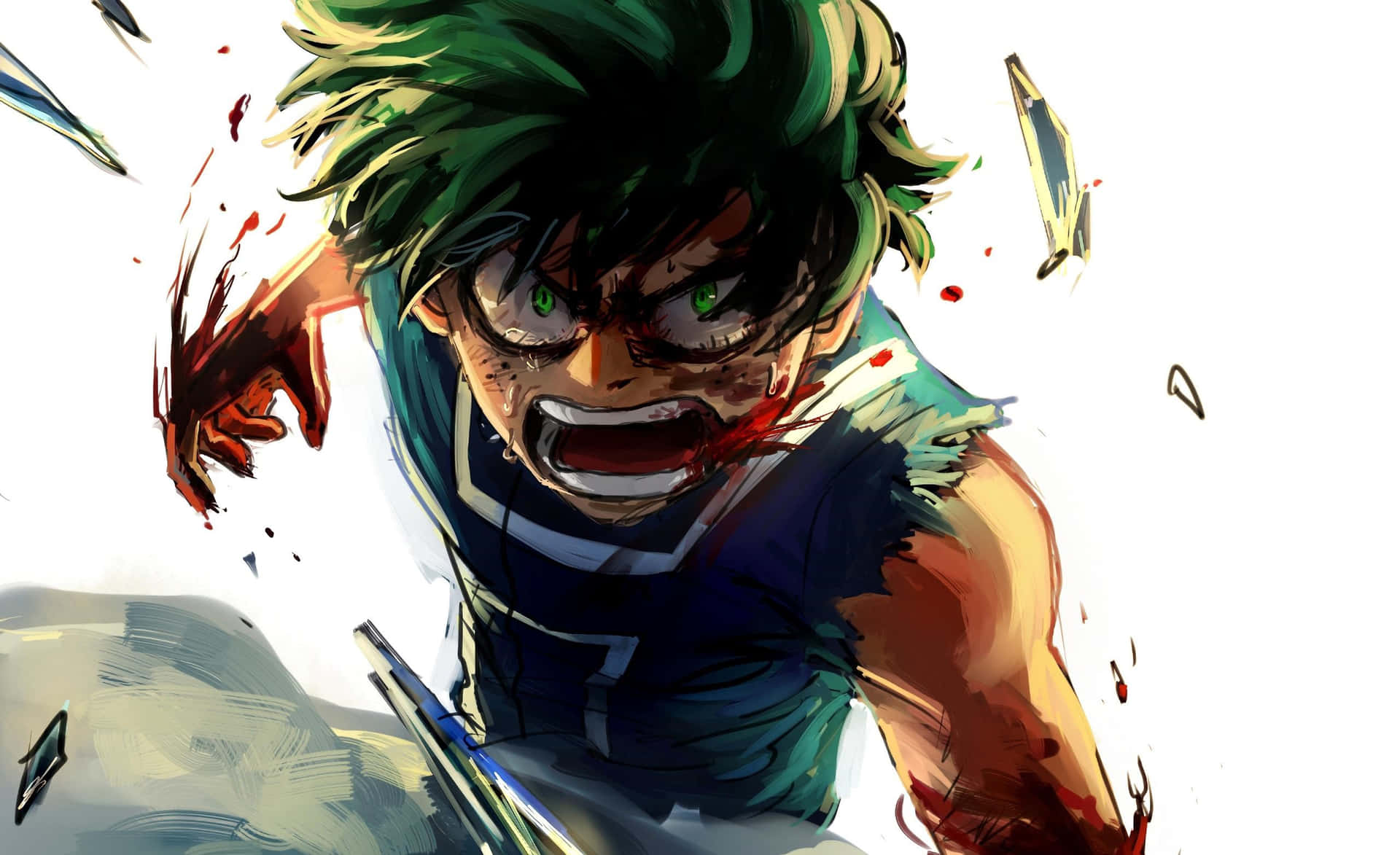 Deku《我的英雄學院》動畫數位藝術 壁紙 — 一位綠髮戴眼鏡的動漫英雄在碎玻璃飛舞的動態動作場景中猛烈咆哮。