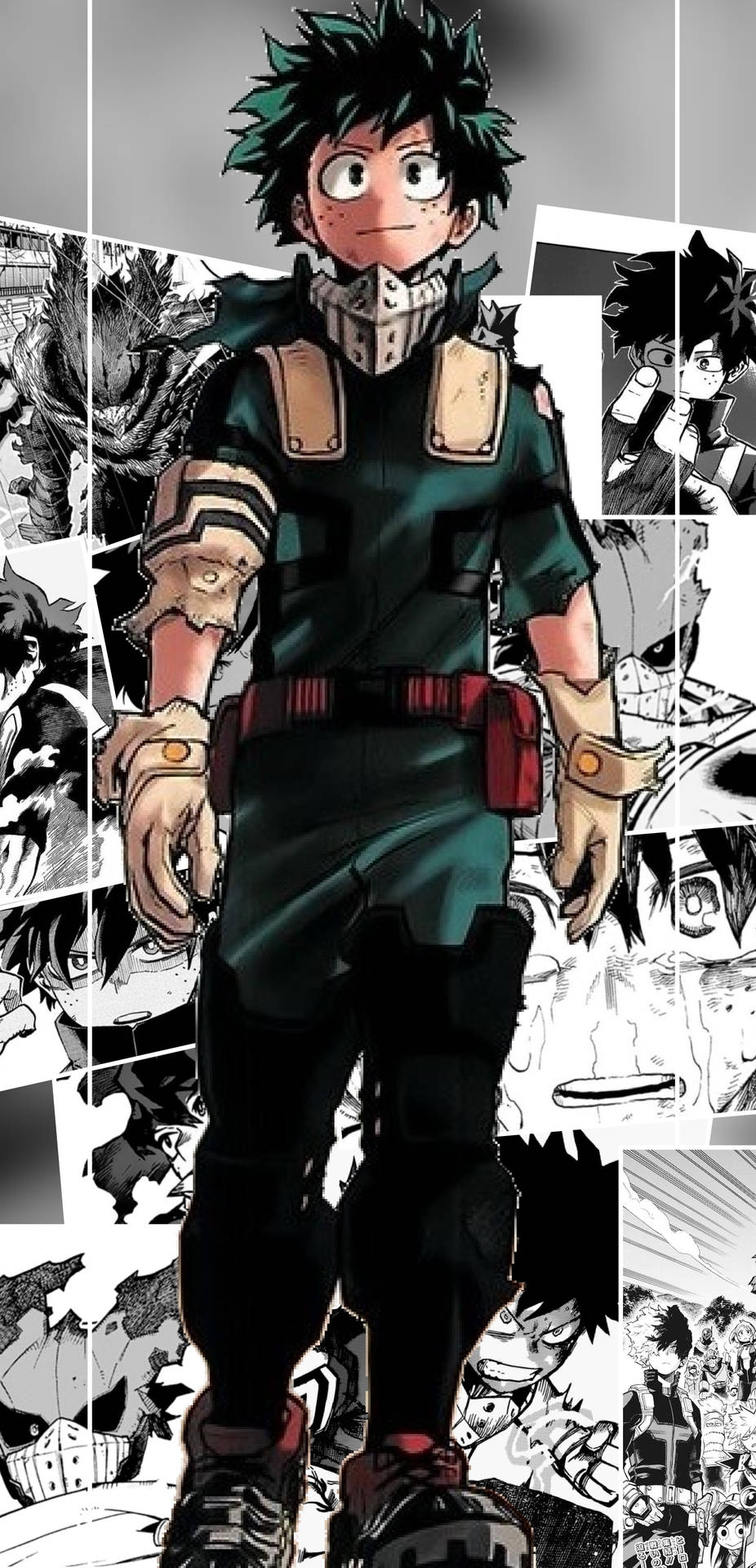 Deku《我的英雄學院》角色頭像 壁紙 — 一個充滿活力的動漫英雄，擁有尖刺的綠色頭髮和戰術裝備，自信地站在黑白漫畫面板的拼貼畫前。