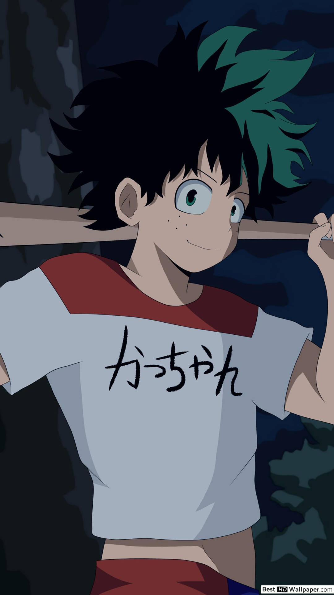 動漫男孩，頭髮尖端呈綠色，在夜晚的黑暗森林中手持棒球棒。 — 出久 GIF 壁紙