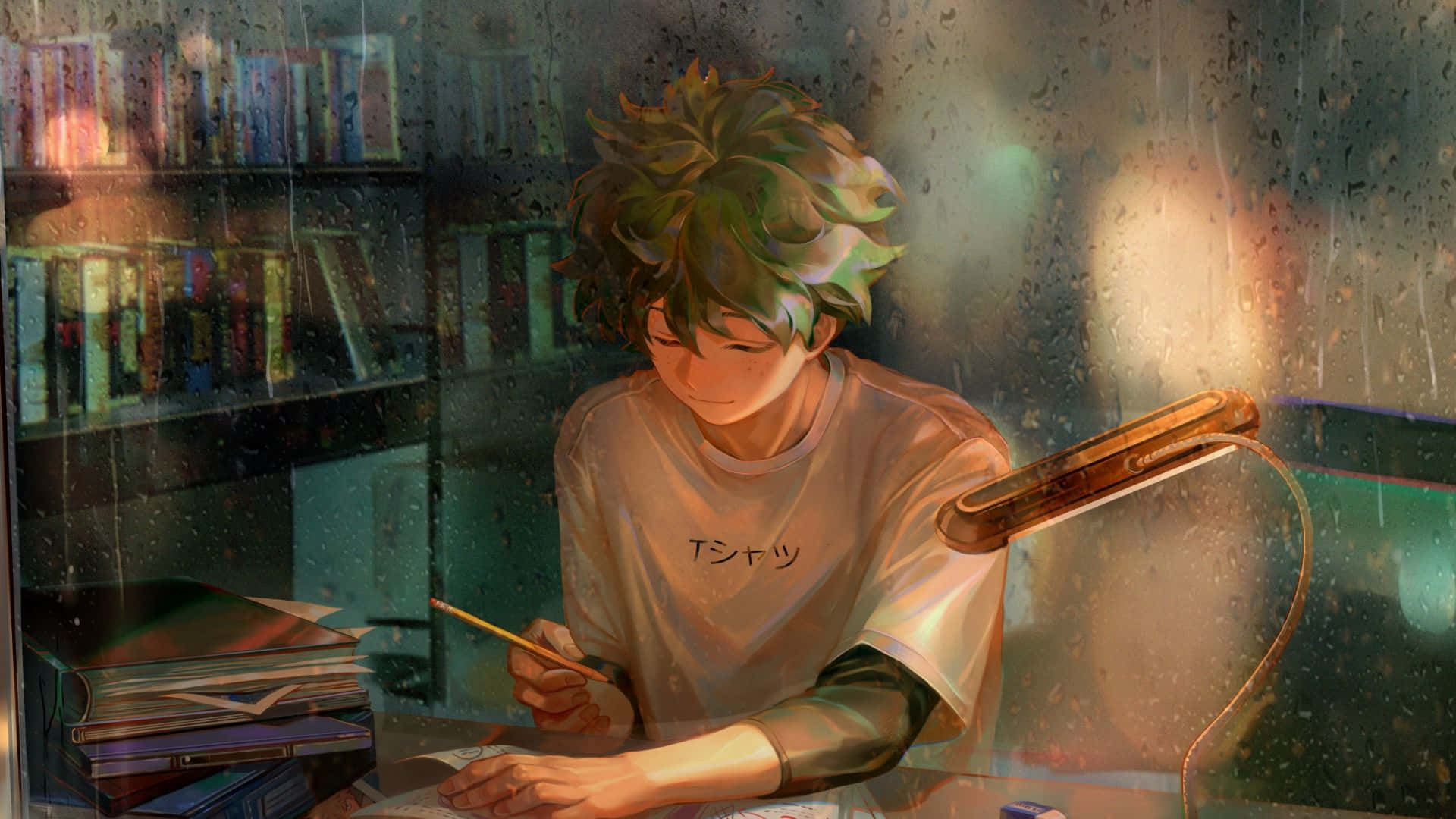 Deku 研究圖 壁紙 — 一個年輕的動畫男孩，綠色頭髮，在枱燈下學習，雨水在他身後的窗戶上流淌。