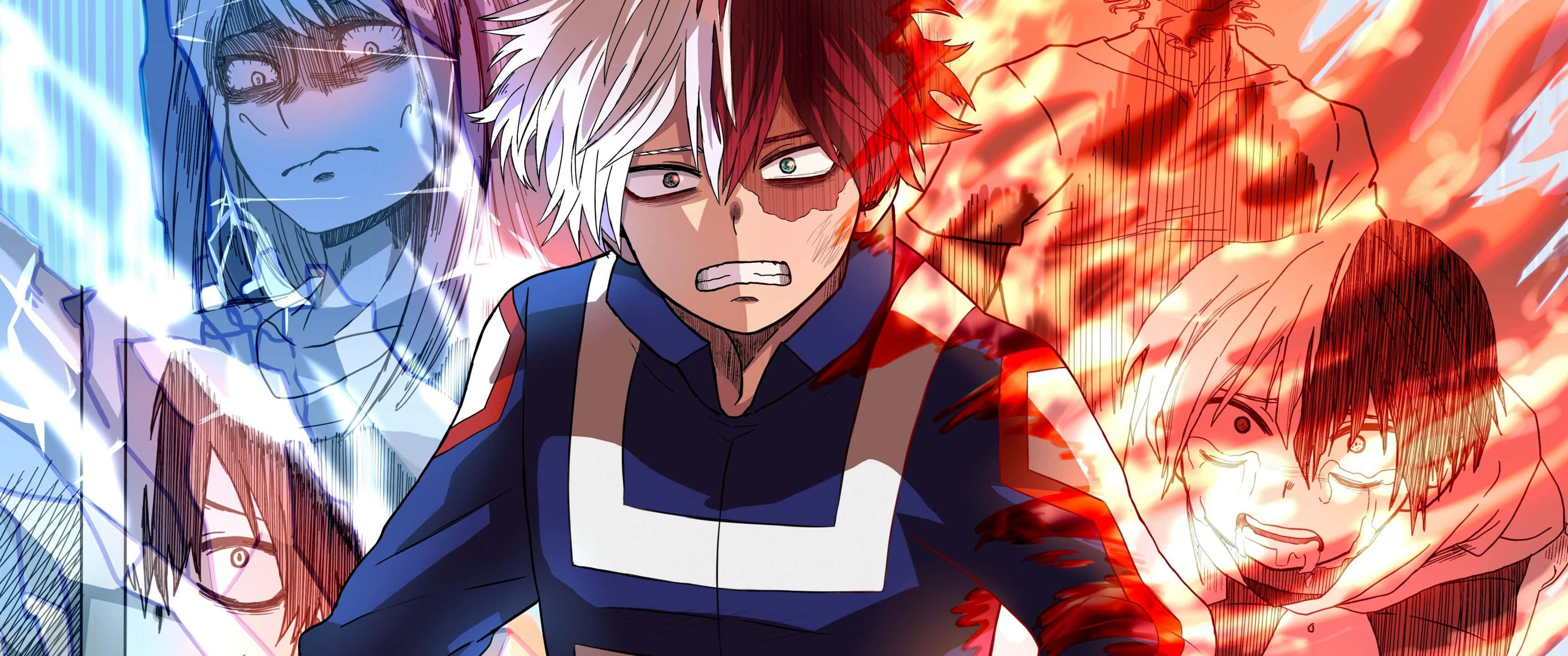 Deku 與 All Might 合力拯救世界 壁紙 — 動漫角色以動態戰鬥姿勢呈現，周圍環繞著電光藍和火焰紅的能量效果。