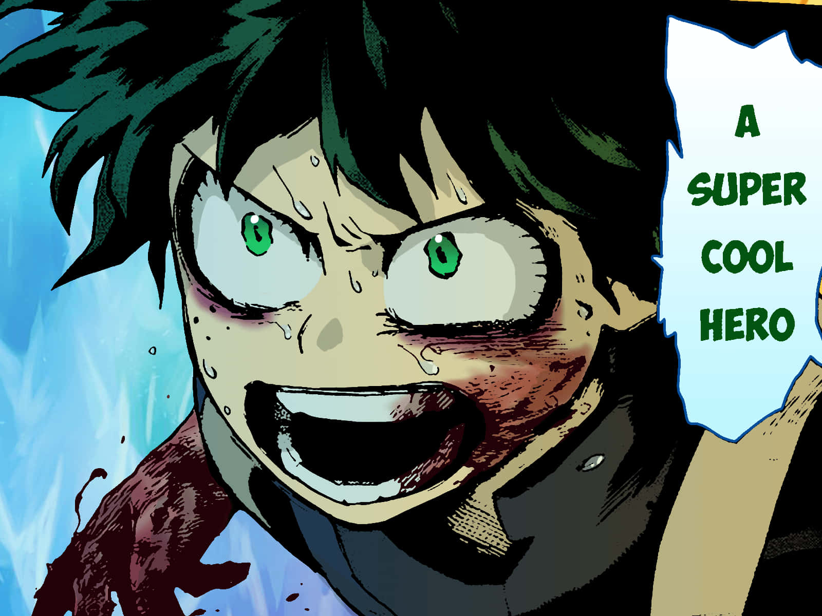 Deku 超酷英雄圖 壁紙 — 一個決心堅定的動漫英雄，擁有綠色眼睛和凌亂的黑髮，在藍色背景前大喊，臉上沾滿汗水和血跡。