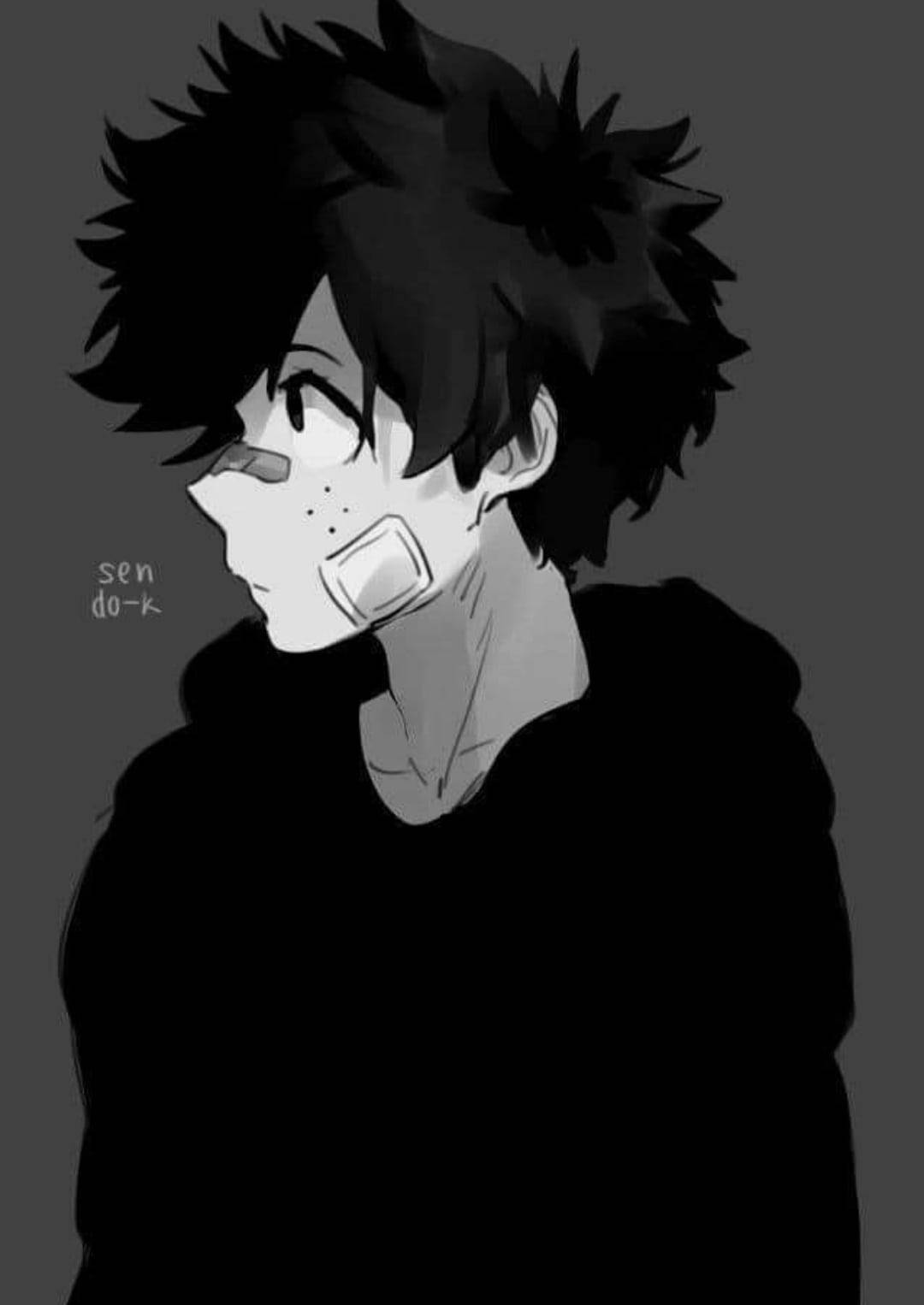Deku 黑白側影 壁紙 — 一個單色動漫角色，有著尖刺頭髮和繃帶纏繞的嘴巴，在純灰色背景上向上凝視。